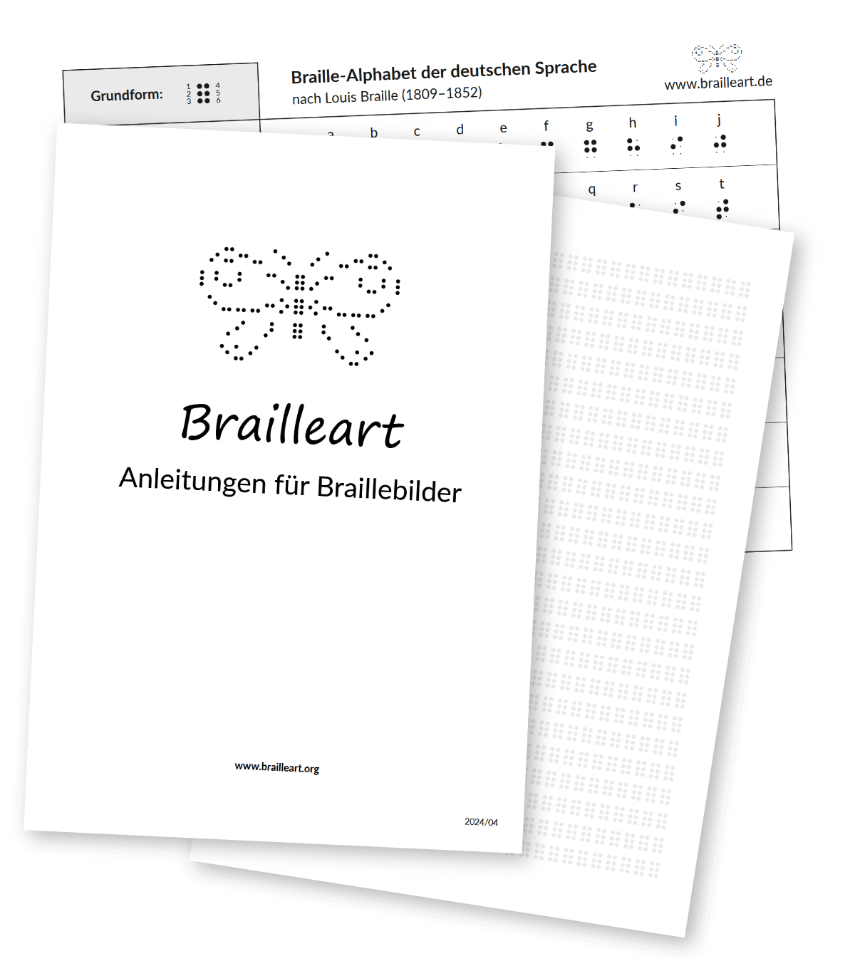 Titelseite Brailleart Anleitungen für Braillebilder, dahinter etwas verdeckt das Brailleraster und das Braille-Alphabet